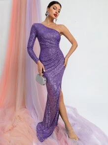 單肩褶邊高衩亮片舞會連衣裙 - 紫羅蘭色 - 查看 1