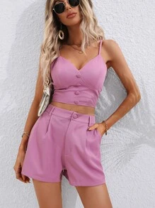 SHEIN VCAY Shorts con top de tirantes unicolor - Morado - Ver 1