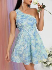 One Shoulder Appliques Mesh Overlay Dress - Multicolor - View 5