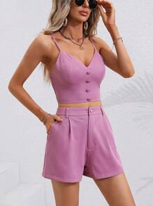 SHEIN VCAY Shorts con top de tirantes unicolor - Morado - Ver 4
