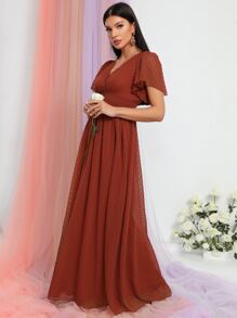 圓點蝴蝶袖雪紡連衣裙 - 鏽棕色 - 查看 3