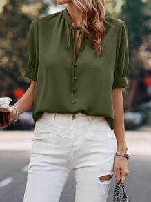 SHEIN LUNE 泡泡袖繫帶領襯衫 - 軍綠色 - 查看 1