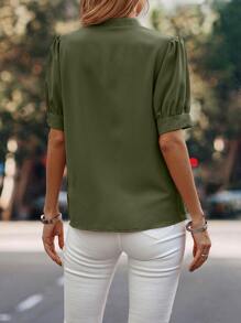 SHEIN LUNE 泡泡袖繫帶領襯衫 - 軍綠色 - 查看 2