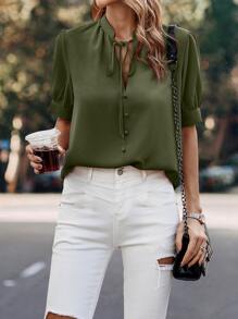 SHEIN LUNE 泡泡袖繫帶領襯衫 - 軍綠色 - 查看 3