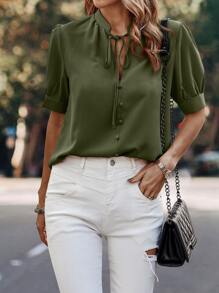 SHEIN LUNE 泡泡袖繫帶領襯衫 - 軍綠色 - 查看 5