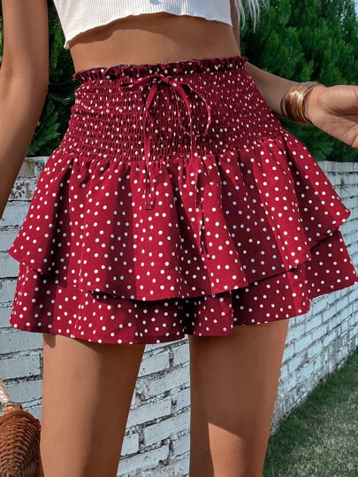 Breezaya Polka Dot Print Paperbag Waist Tie Front Two Layer Hem Shorts