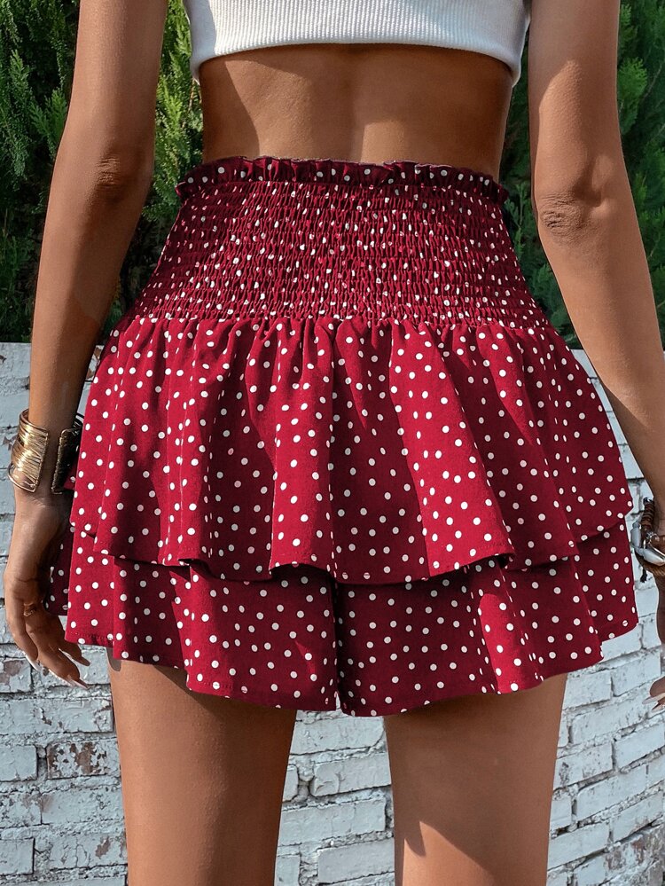 Polka Dot Print Paperbag Waist Tie Front Two Layer Hem Shorts