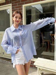 DAZY Striped Print Pocket Patched Button Front Shirt - Baby Blue - View 1