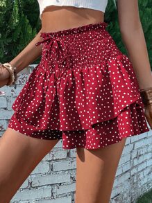 Breezaya Polka Dot Print Paperbag Waist Tie Front Two Layer Hem Shorts - Burgundy - View 4