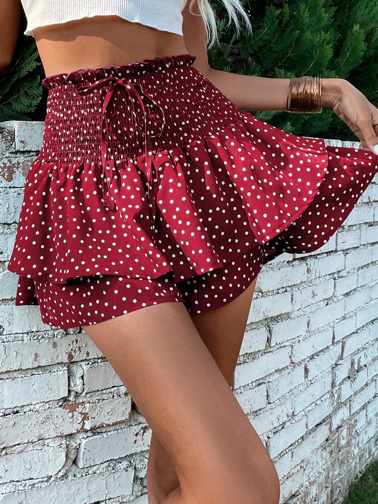 Polka Dot Print Paperbag Waist Tie Front Two Layer Hem Shorts
