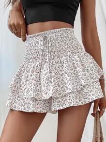 Flirla Women's Ruffled Waist Tie-Up Double-Layer Ruffle Hem Red Mini Skorts - Apricot - View 1