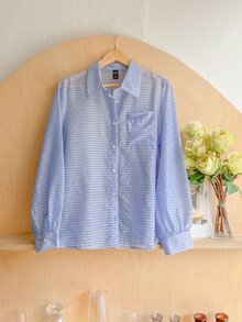 DAZY Striped Print Pocket Patched Button Front Shirt - Baby Blue - View 8