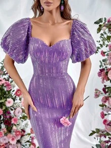 Đầm Dây kéo màu trơn Buổi tiệc - Màu tím - Xem 3