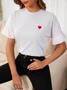 EURMUSE Camiseta con estampado de rayas con bordado de corazón - Blanco - Ver 3