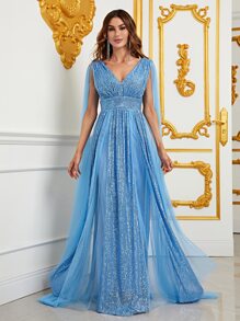 Váy dạ hội cổ chữ V thanh lịch không tay với áo choàng Organza mỏng và chân váy chữ A bồng bềnh - Trang phục trang trọng tinh tế cho thảm đỏ Gala, tiệc tối trang trọng, tiệc cưới, vũ hội sang trọng và lễ kỷ niệm lớn - Màu xanh lam - Xem 1