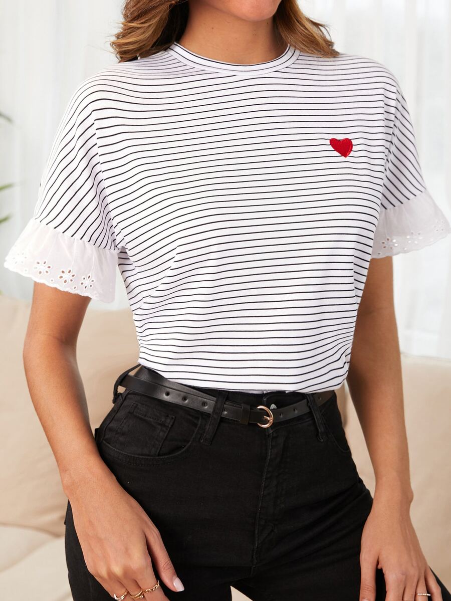 EURMUSE Camiseta con estampado de rayas con bordado de corazón - Blanco - Ver 1