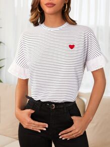 EURMUSE Camiseta con estampado de rayas con bordado de corazón - Blanco - Ver 4