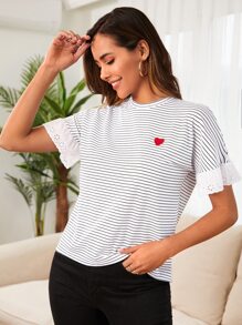 EURMUSE Camiseta con estampado de rayas con bordado de corazón - Blanco - Ver 5