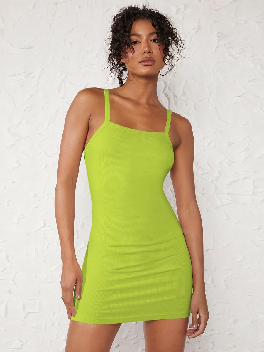 SHEIN BASICS Solid Cami Bodycon Dress - Lime Green - View 1