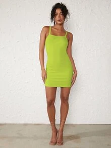 SHEIN BASICS Solid Cami Bodycon Dress - Lime Green - View 3