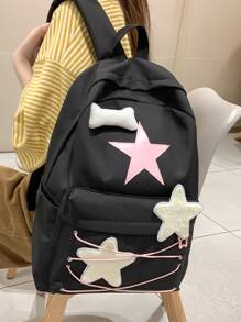 Star Patch Decor Classic Backpack With Zipper Eyelet Detail Fashionable - Black - View 1