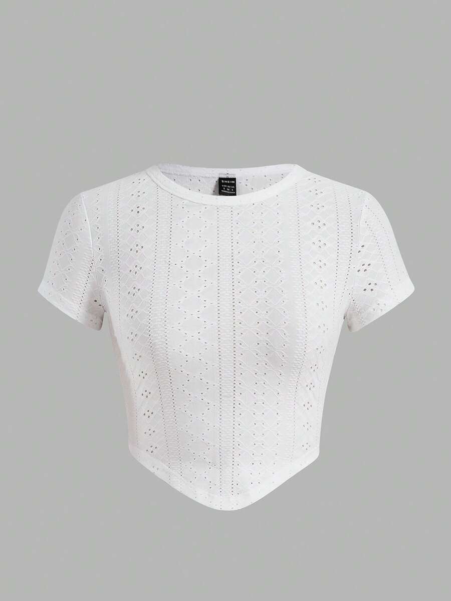 SHEIN EZwear Áo thun nữ Bất đối xứng Tranh thêu màu trơn Giải trí - trắng - Xem 1
