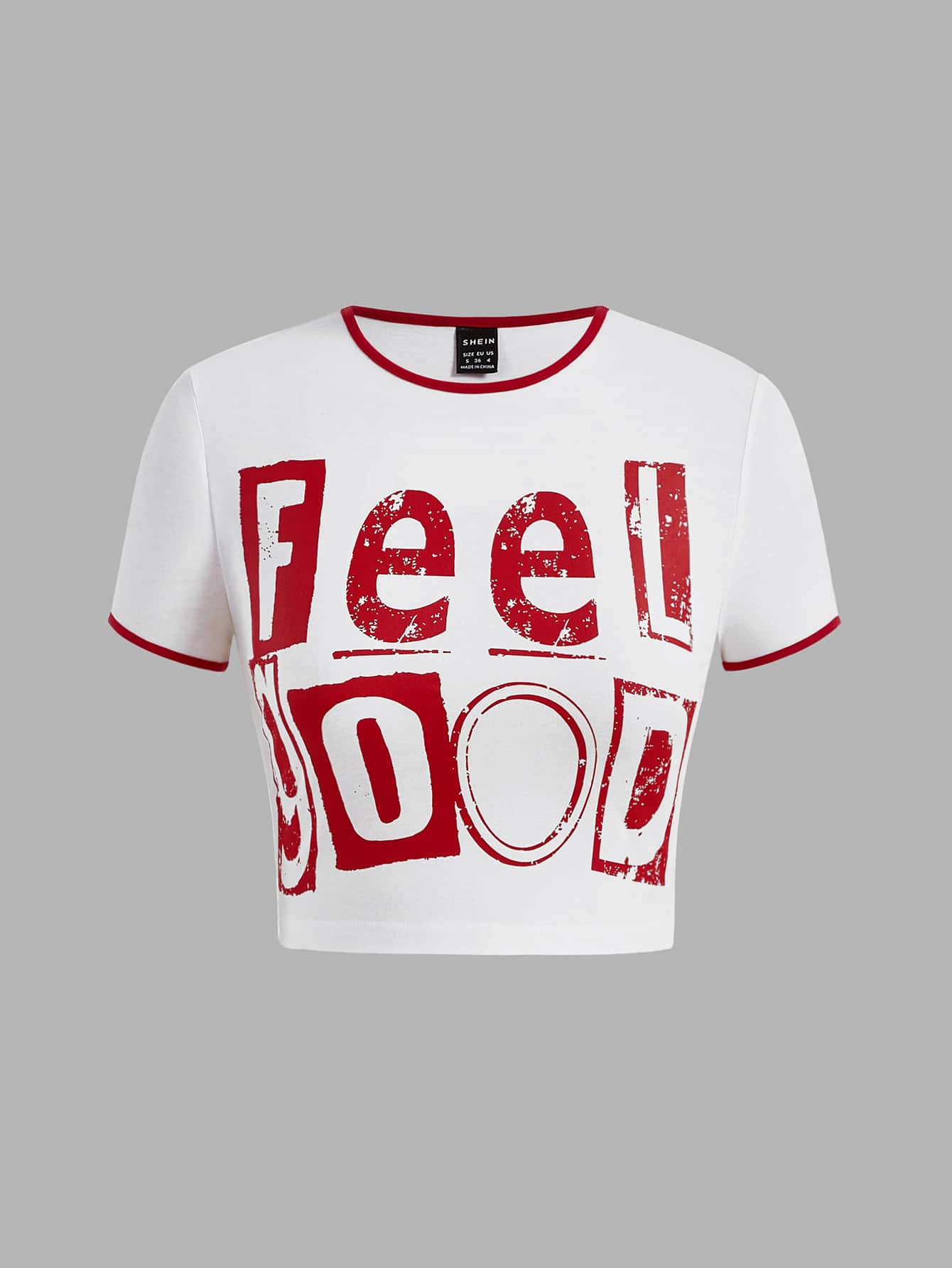 SHEIN EZwear 字母圖案撞色滾邊短款T恤 - 白色 - 查看 1