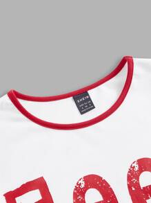 SHEIN EZwear 字母圖案撞色滾邊短款T恤 - 白色 - 查看 3