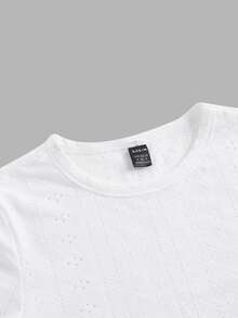 SHEIN EZwear Áo thun nữ Bất đối xứng Tranh thêu màu trơn Giải trí - trắng - Xem 4