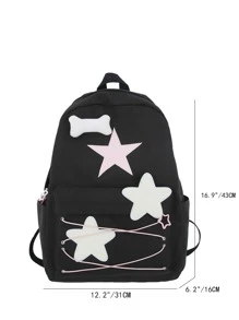 Star Patch Decor Classic Backpack With Zipper Eyelet Detail Fashionable - Black - View 3