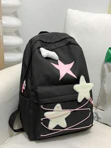 Star Patch Decor Classic Backpack With Zipper Eyelet Detail Fashionable - Black - View 4