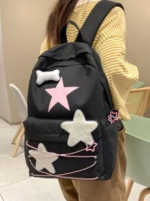 Star Patch Decor Classic Backpack With Zipper Eyelet Detail Fashionable - Black - View 6