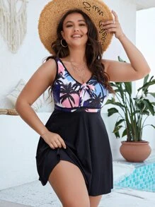 Swim Lushoire Vestido de baño con estampado tropical de talla grande para playa de verano - Negro - Ver 4