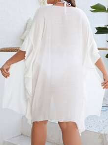 Plus Solid Ruffle Trim Kimono Without Bikini Set - White - View 2