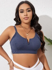 SHEIN Swim Curve Plus Solid V Neck Bikini Top - Dark Grey - View 4