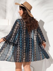 SHEIN Swim Curve Plus Geo Print Tassel Trim Open Front Kimono - Multicolor - View 1