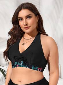 Plus Tropical Print Tie Front Halter Bikini Top - Black - View 3