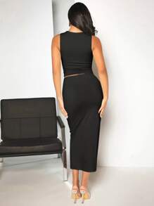 SHEIN BAE Solid Ruched Tank Top & Pencil Skirt - Black - View 2