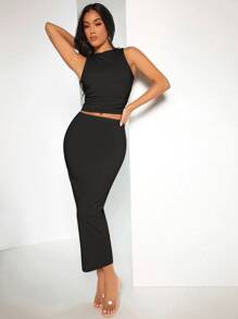 SHEIN BAE Solid Ruched Tank Top & Pencil Skirt - Black - View 5