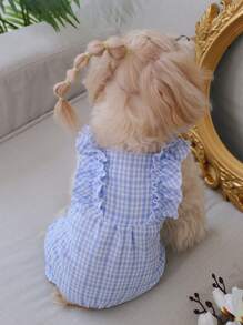 1pc Pet Clothing Countryside Style Checkered Soft Comfortable Jumpsuit With Ruffle Trim Home Wear - Blue - View 1