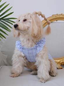 1pc Pet Clothing Countryside Style Checkered Soft Comfortable Jumpsuit With Ruffle Trim Home Wear - Blue - View 3