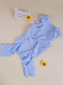 1pc Pet Clothing Countryside Style Checkered Soft Comfortable Jumpsuit With Ruffle Trim Home Wear - Blue - View 4