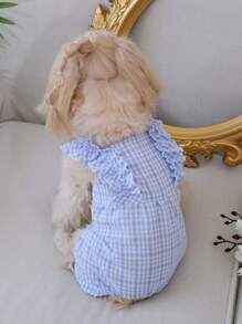 1pc Pet Clothing Countryside Style Checkered Soft Comfortable Jumpsuit With Ruffle Trim Home Wear - Blue - View 5