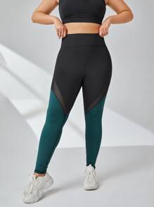 Plus Colourblock Wideband Waist Sports Leggings - Multicolor - View 2