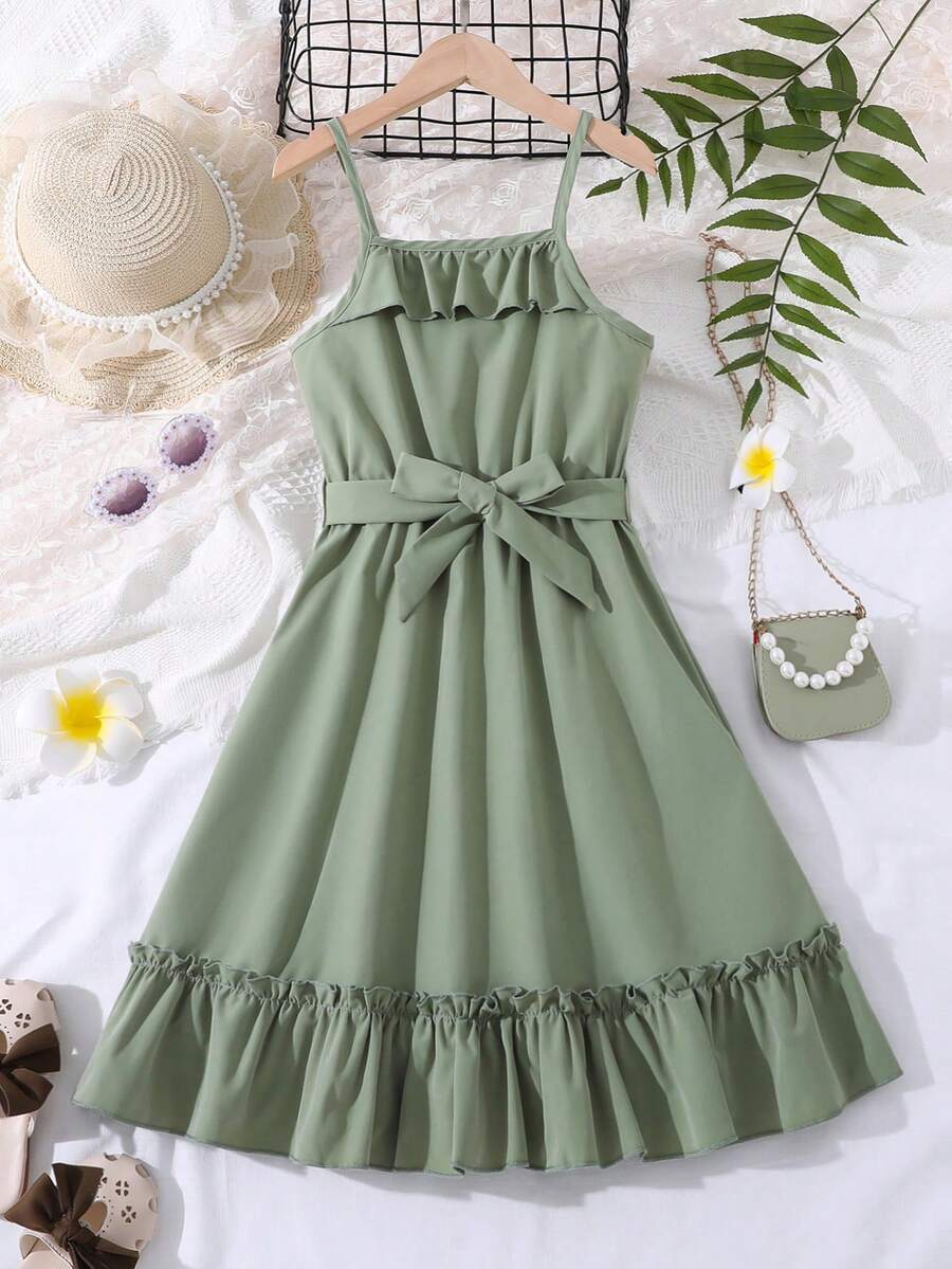 SHEIN Chicas Vestido de tirantes ribete con fruncido bajo con volante - Verde - Ver 1
