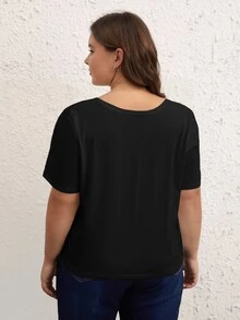 SHEIN BASICS Plus  Solid Scoop Neck Tee - Black - View 2