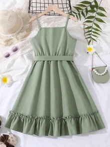 SHEIN Chicas Vestido de tirantes ribete con fruncido bajo con volante - Verde - Ver 2