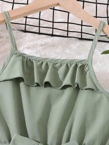SHEIN Chicas Vestido de tirantes ribete con fruncido bajo con volante - Verde - Ver 4