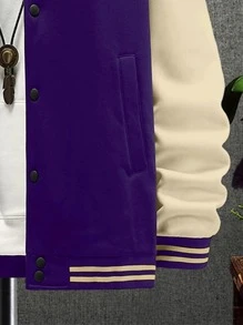 Manfinity Men 1pc Floral & Letter Graphic Striped Trim Drop Shoulder Varsity Jacket - Purple - View 4