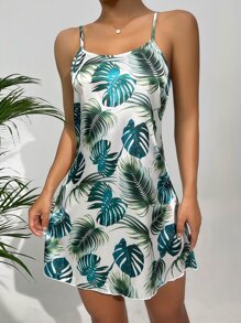 熱帶圖案緞面吊帶睡裙 - 綠色 - 查看 5